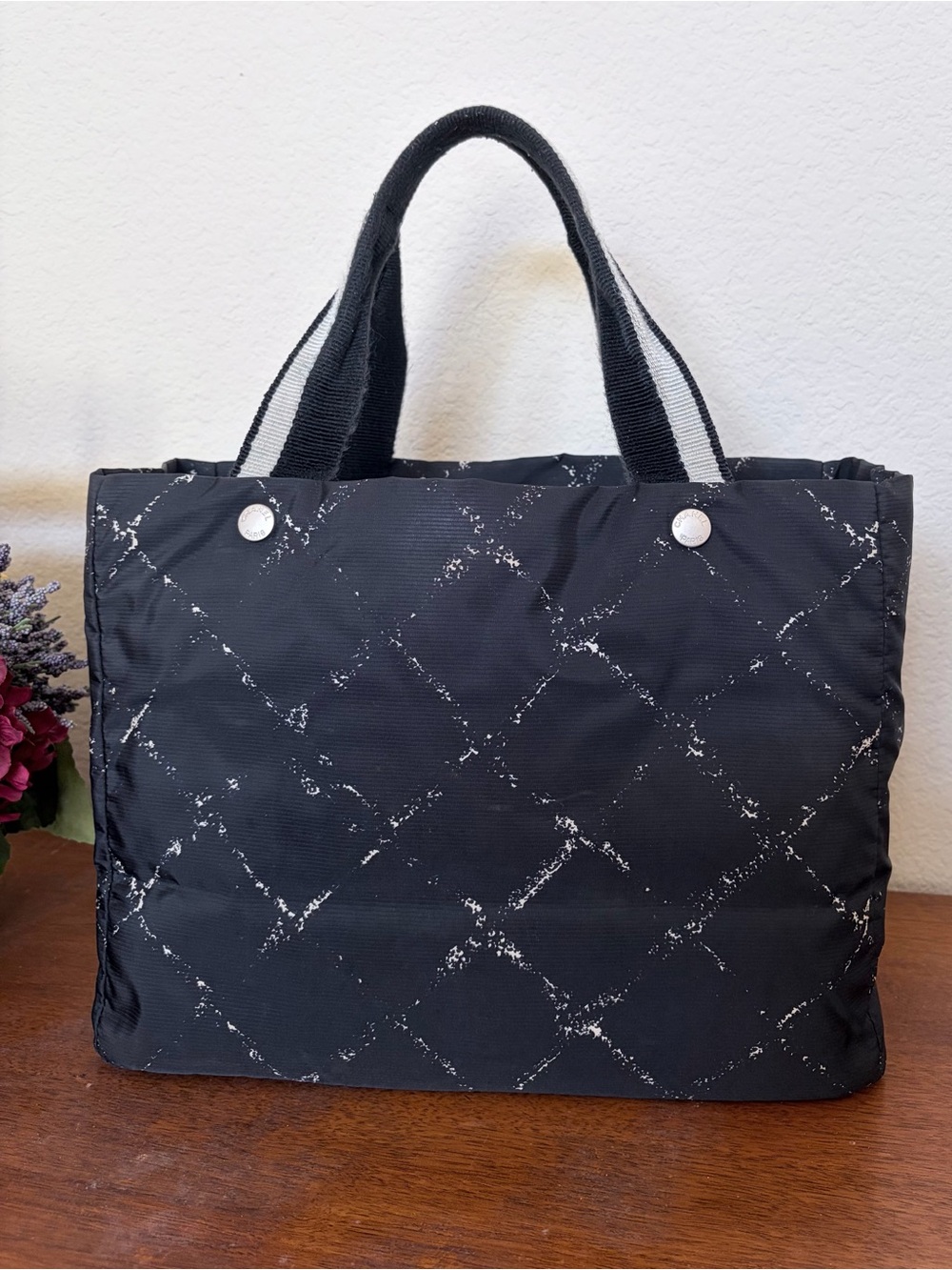 Chanel Old Travel Line Tote Bag Plaid Nylon Black Satchel